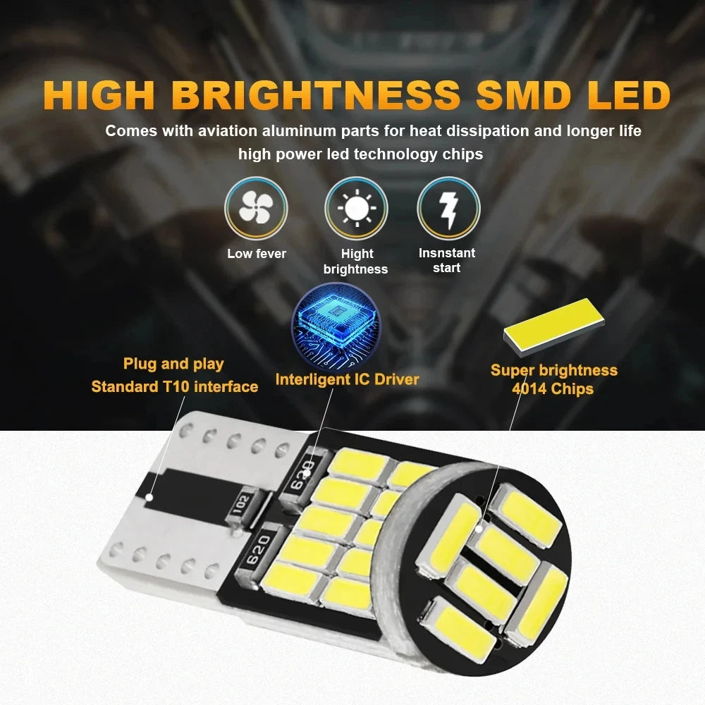 10PCS W5W T10 Led Bulbs Canbus 4014 SMD 6000K 168 194 Led 5w5 Car Interior Dome Reading License Plate Signal LightLamp