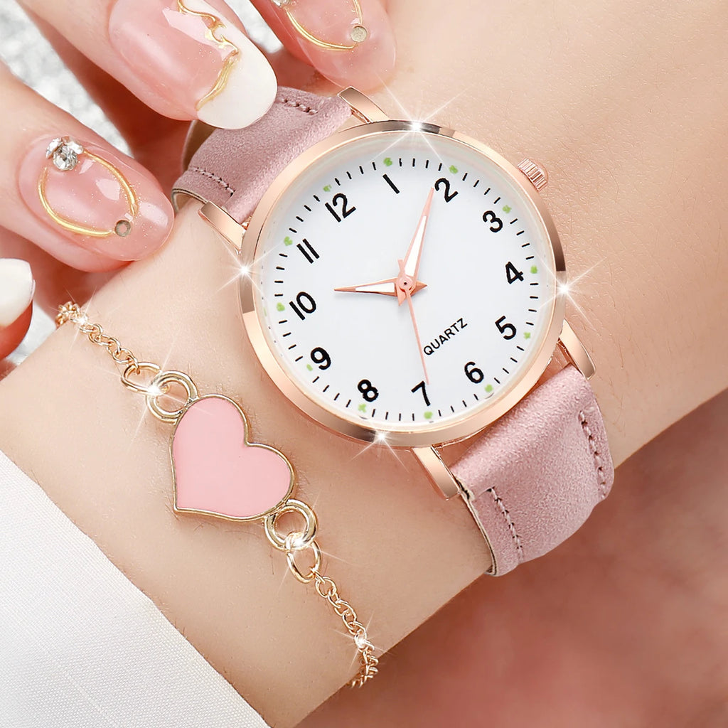 4/6PCS Fashion Leather Strap Women Quartz Watches Set Ladies Arabic Dial Wristwatch With Heart Bracelet Reloj Mujer(Without Box)