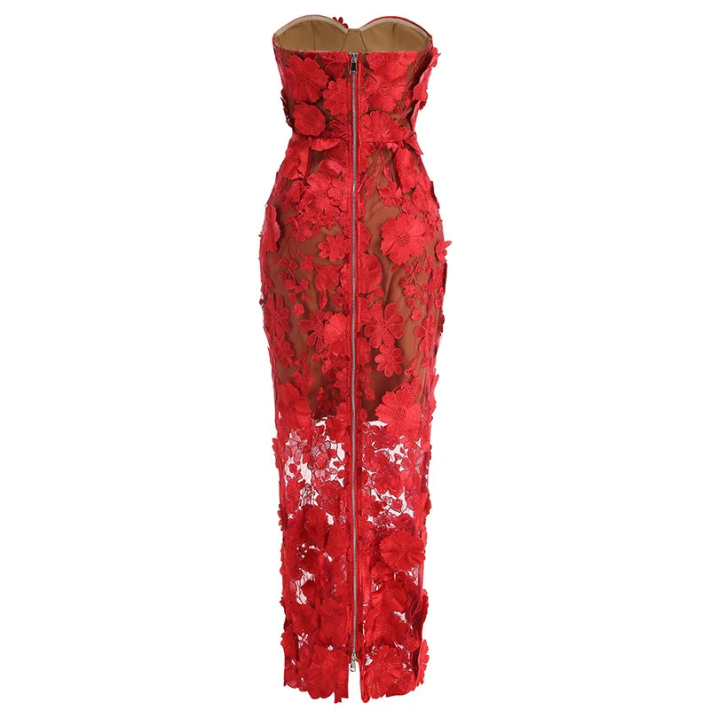 New Red Embroidered Flower Strapless Dress, Women's Slim and Sexy Party Dress, Long Skirt