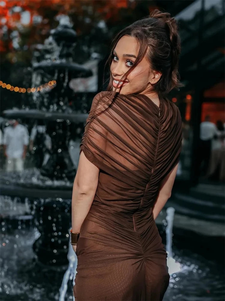 XIAOTANG Hollow Out Short Sleeve Sexy Maxi Dress Women Fashion O Neck Ruched High Waist Bodycon Club Party Long Dress Female