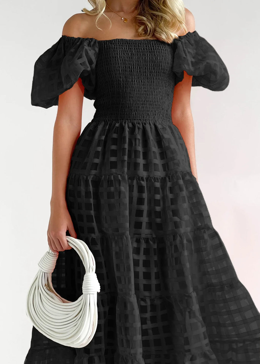 Fashion Party Maxi Dresses Women Holiday 2023 New Solid plaid Pleated A-line Dress Summer Women SHort Puff Sleeve Dress Elegant