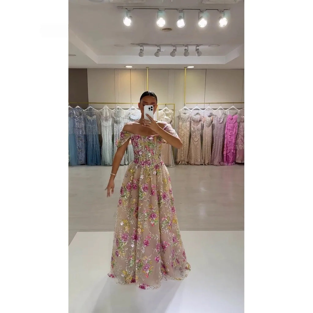 Bella Customized Floral Embroidery Ball Gown Prom Dress 3D Flower vestidos de noche Sequinned Appliques Evening Dresses 2026