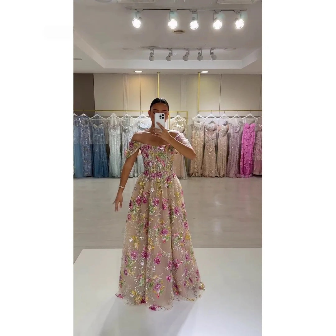 Bella Customized Floral Embroidery Ball Gown Prom Dress 3D Flower vestidos de noche Sequinned Appliques Evening Dresses 2026