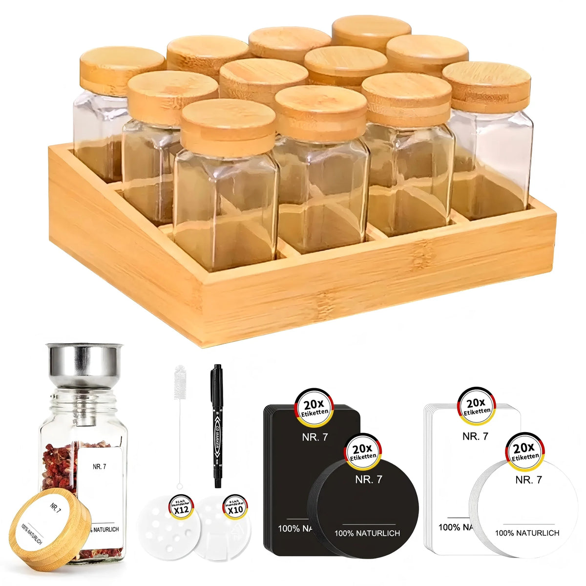 Spice jar set with bamboo rack, 12/24 glass jars with sealed bamboo lids, including labels and marker pens,kitchen organizers