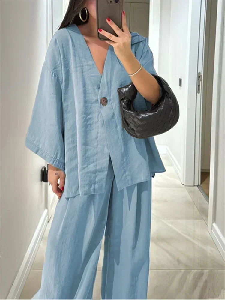 Cozy Cotton Linen Women's 2 Piece Set Casual V Neck Single Button Shirt Wide Leg Pants Suit Lady Summer Commute Streetwear 2025