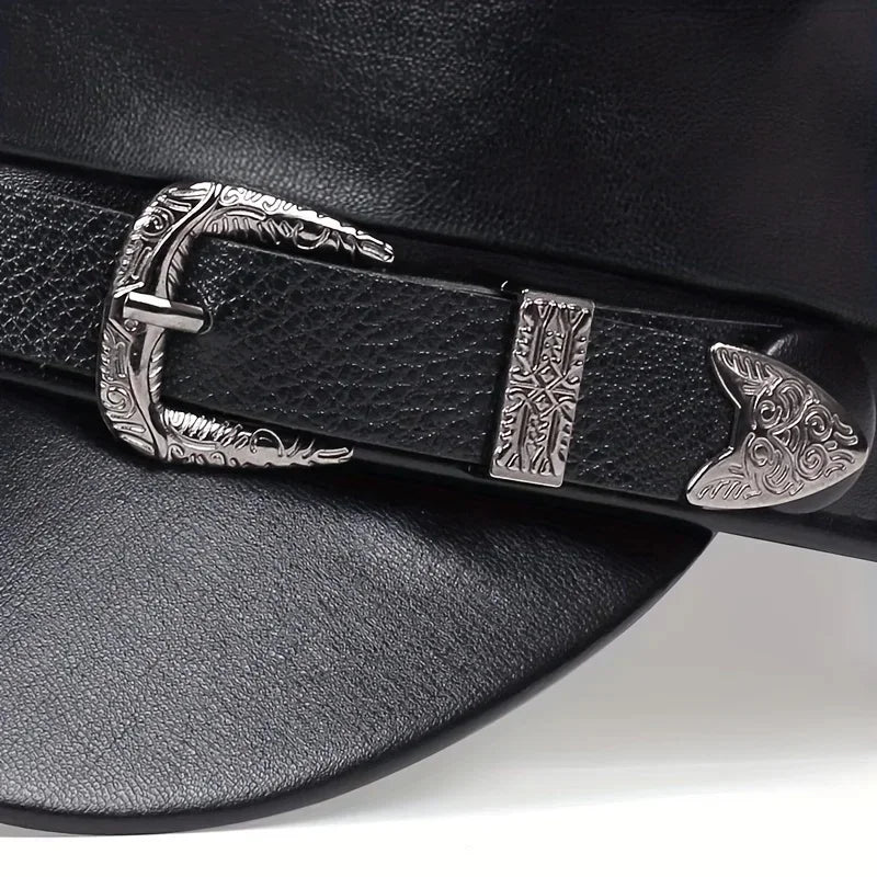 Women's Fashion Leather Beret with Large Belt Buckle – Spring/Autumn Flat Top Captain Military Cap, Unisex Sailor Hat