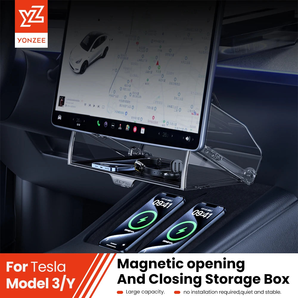 Magnetic Under Screen Storage Box for Tesla - YZ Foldable Tray Accessory for Highland Model 3 & Juniper Model Y ETC Organizer