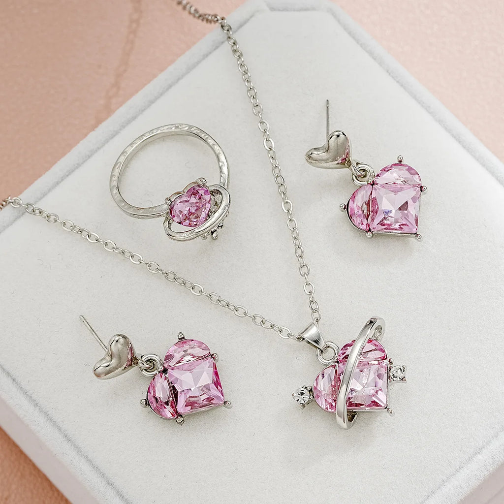 4 Pieces Love Pink Crystals Sweet Earrings Necklaces And Rings Jewelry Set Lightweight And Versatile For Women Mother's Day Gift
