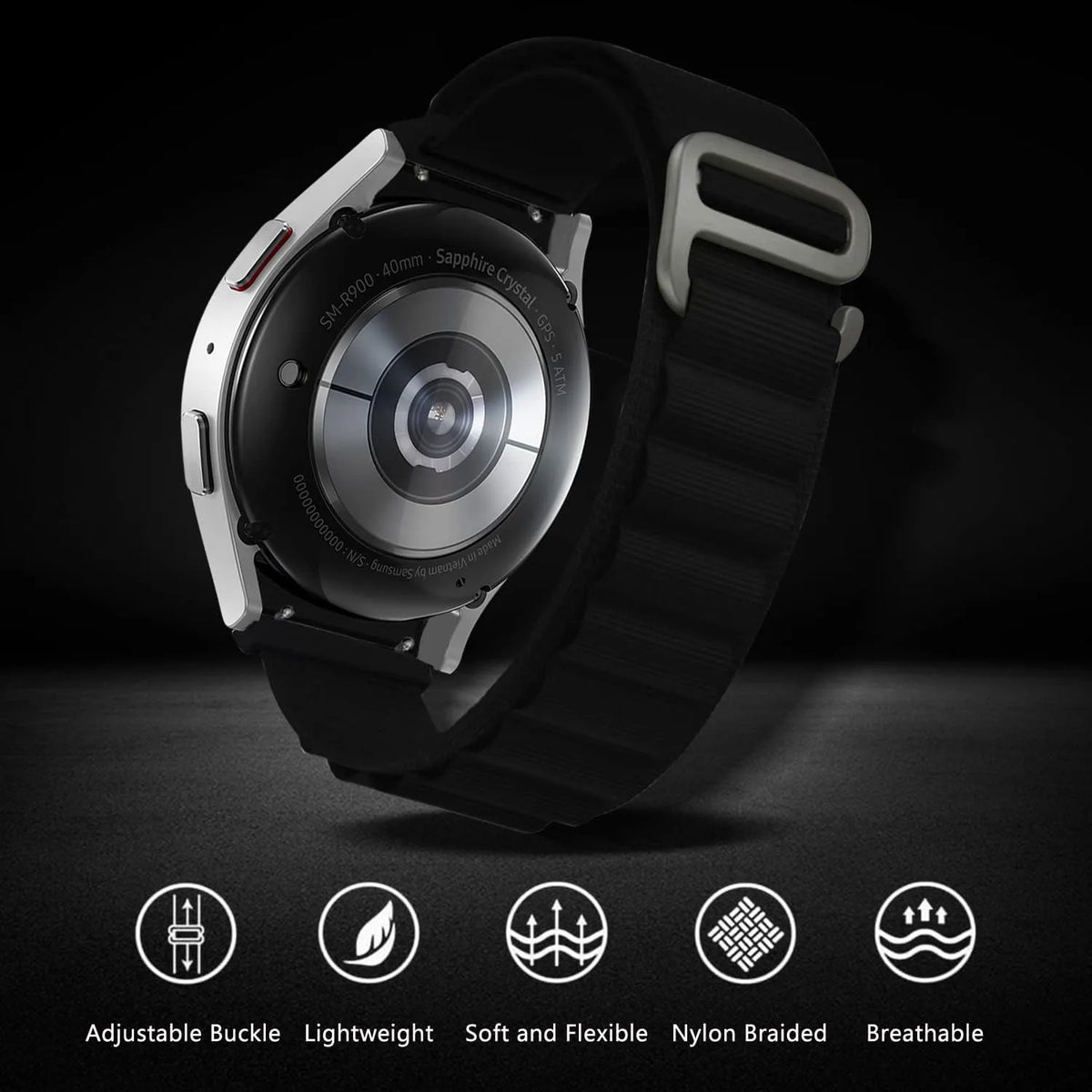 C-Type Buckle Band for Garmin Fenix E 47mm/6 Pro/6/8 47mm/5/5 Plus/7/7 Pro/7 Solar/7 Sapphire Solar Band, Nylon Breathable Strap