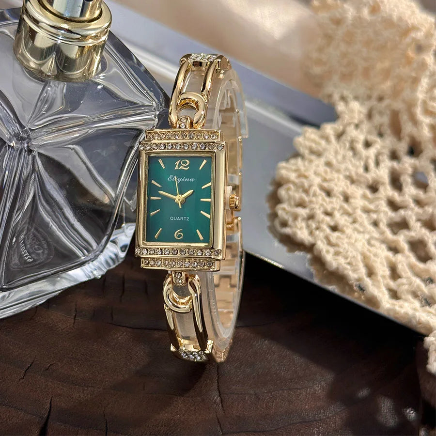 New Fashion Pin Quartz Women's Watch Luxury Minimalist High-End Round Arc Glass Diamond-Encrusted Square Wristwatch