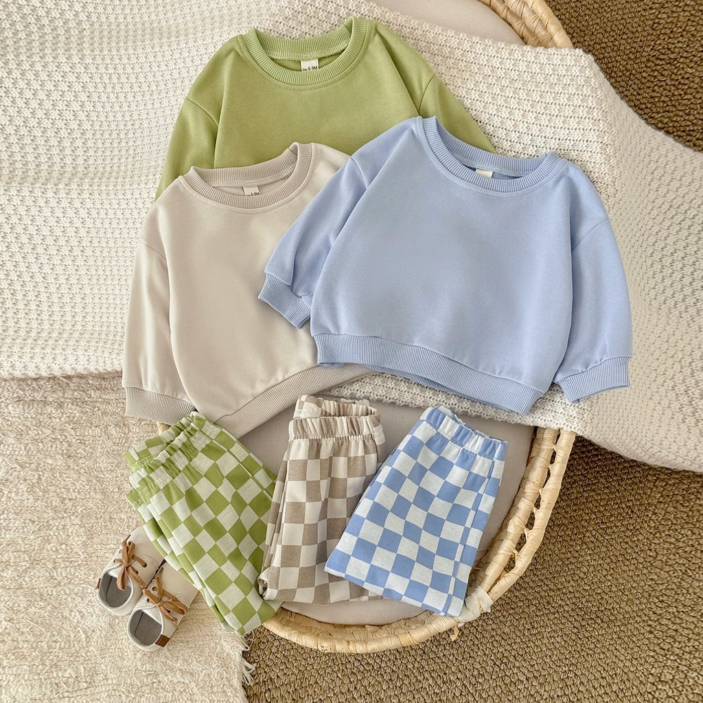 Autumn Fashion Newborn Baby Boys Girls Clothes Comfort Outfit Solid Color Long Sleeves Top+Chessboard Pattern Pants 2Pcs/set