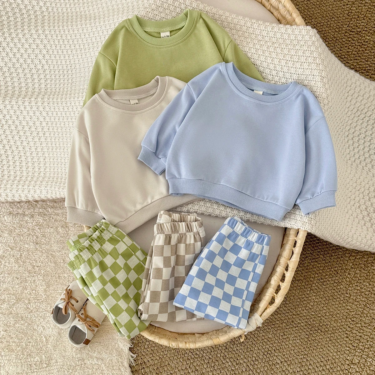 Autumn Fashion Newborn Baby Boys Girls Clothes Comfort Outfit Solid Color Long Sleeves Top+Chessboard Pattern Pants 2Pcs/set