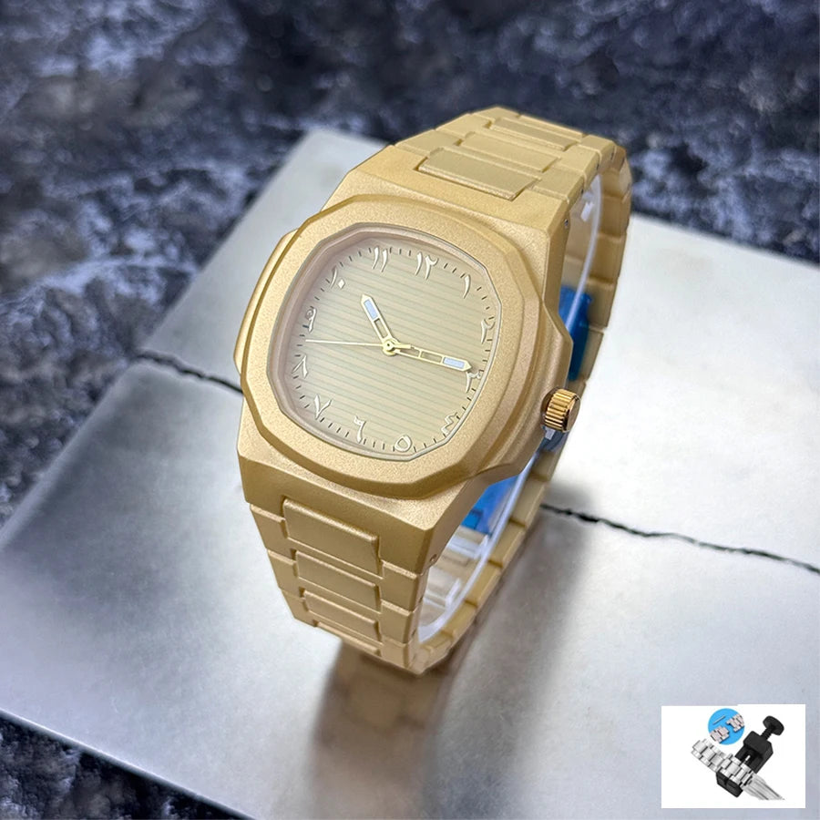 Men's Classic Quartz Watch Smooth Plastic Particle Bracelet Arabic Numerals Dial Business Casual Style Removal Tool Included