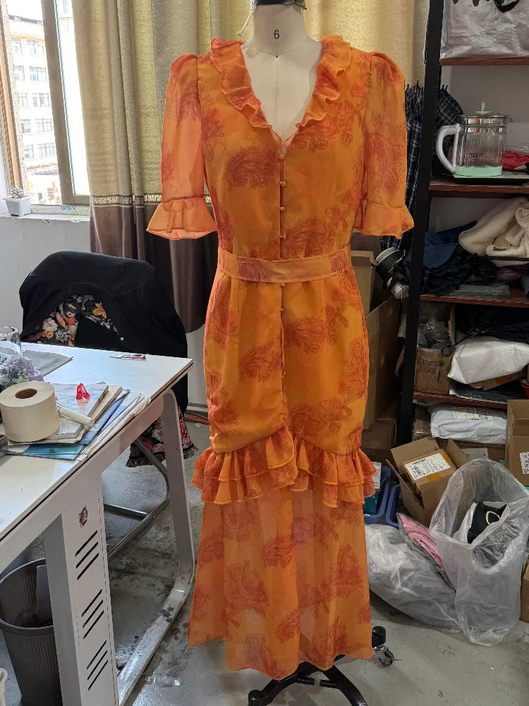 Pink Floral Print Maxi Dress V-neck Ruffle Trim Flare Women Sleeve Ruched High Slit Chiffon Dresses Elegant Evening Party Robe
