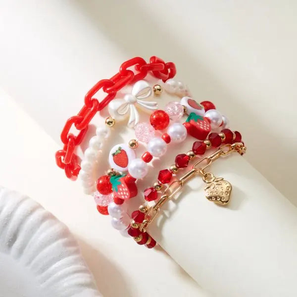 Sweet Cute Red Strawberry Cherry Heart Pearl Charm Bracelet New Fashion Y2K Fruit Gold Color Chain Jewelry Party Gifts 2025