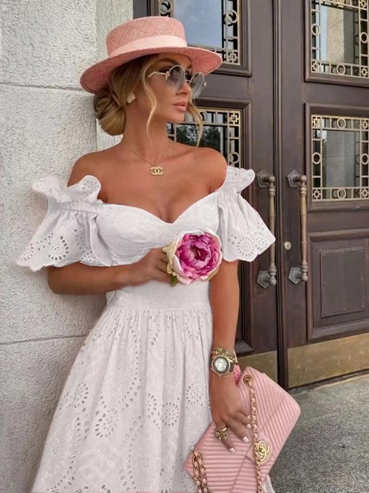 Women Sexy Off Shoulder Lace Long Dress Solid Ruffle Cutout Boho Casual Holiday Beach Elegant Party Dresses  Summer платье