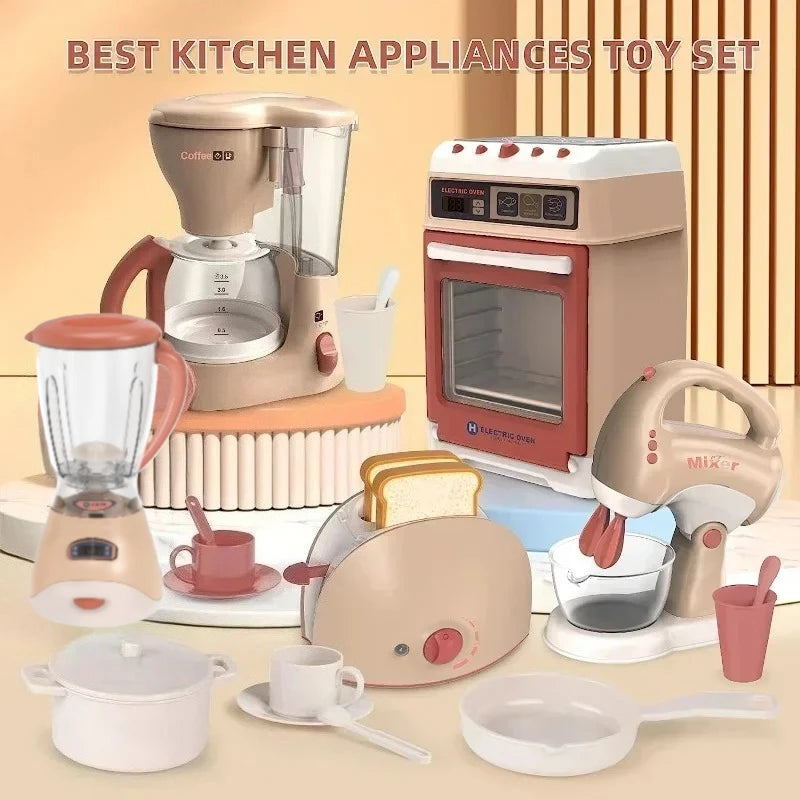 Kitchen Appliances Toy Kids Kitchen Accessories Pretend Play Set with Blender Coffee Maker Mixer with Sounds & Light