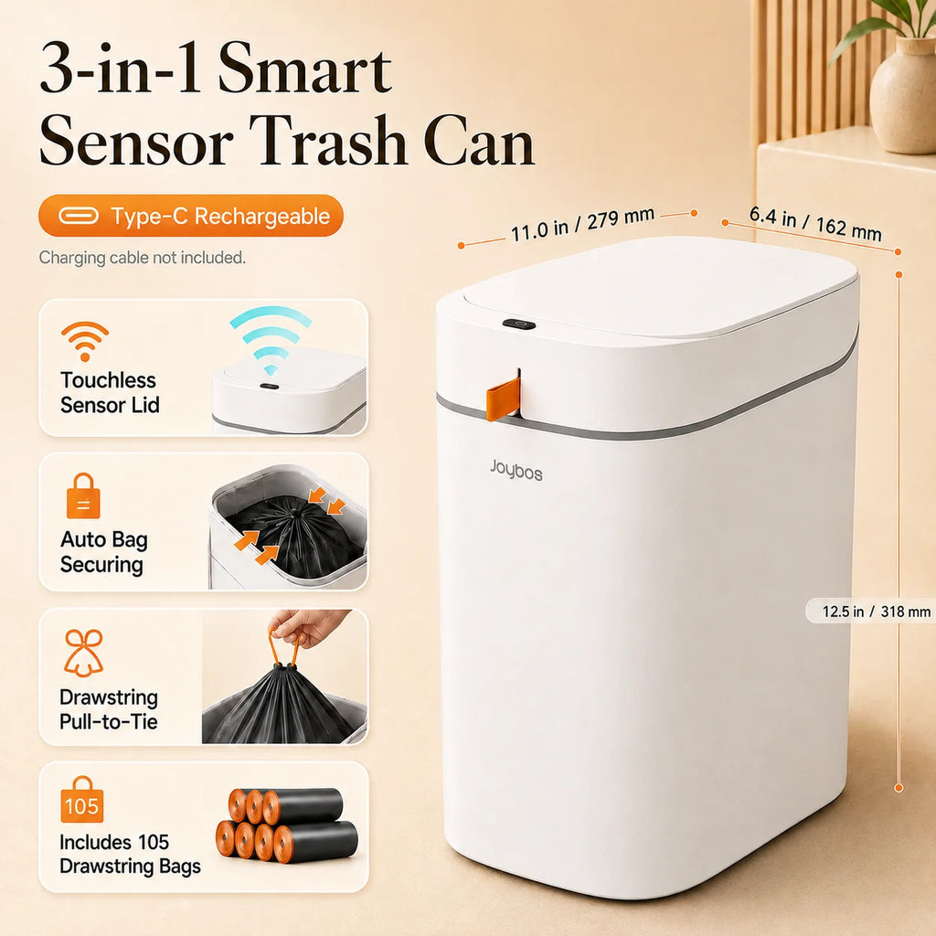 Joybos Smart Trash Can with Auto-Lining, Touchless Sensor Garbage Bin + Free Drawstring Bags, No-Mess Pull & Lift Wastebasket