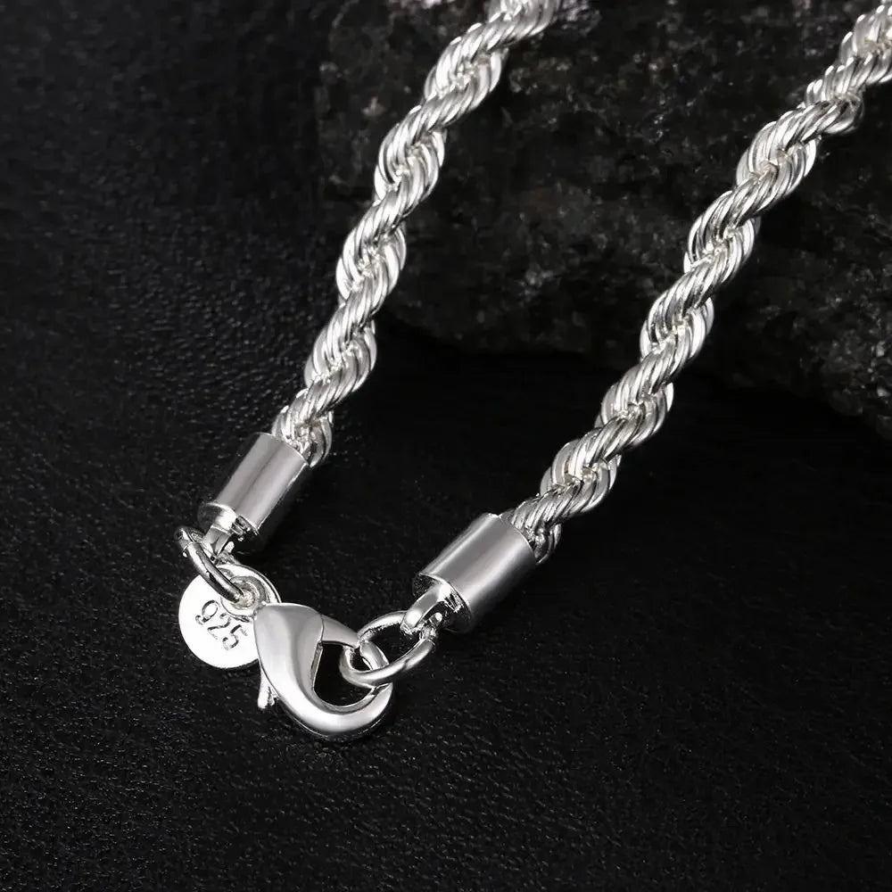 ALIZERO 925 Sterling Silver 4MM Rope Chain Necklaces For Women Men Fashion Hip Hop Party Punk Necklace Jewelry Wholesale