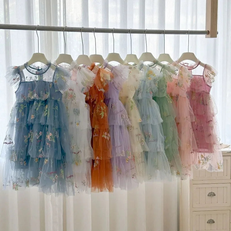 Girls Princess Dress Fairy Tulle Sweet Embroidered Cake Layered Dress for Kids Puffy Mesh Gown Birthday Party Wedding Dress