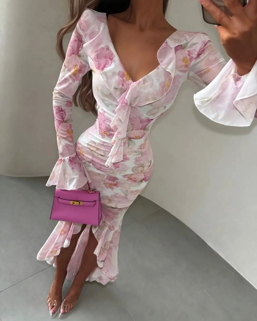 Women Chic V-neck Belte Slit Flower Print Maxi Dress Ruffle Trim High Chiffon Dresses 2026 Summer Fashion Party Vacation Robe