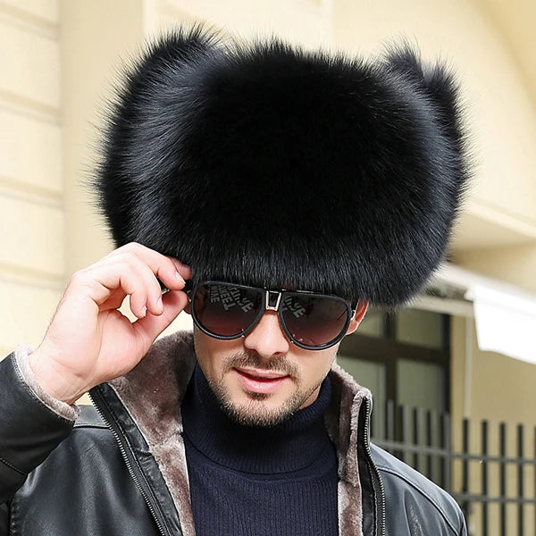Winter Men's Ushanka Cap Real Silver Fox Fur Hooded Raccoon Fur Trapper Russian Ski Hat Real Leather