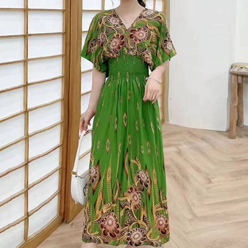 2025 Summer New Casual Elegant Retro Bohemian Style V-neck Elastic Waist Large Swing Printed Long Skirt Autumn Summer Dress