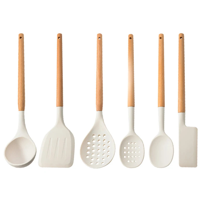 White Silicone Wooden Handle Soup Spoon Spatula Brush Scraper Pasta Egg Beater Non-stick Kitchen Cooking Tools Kitchenware
