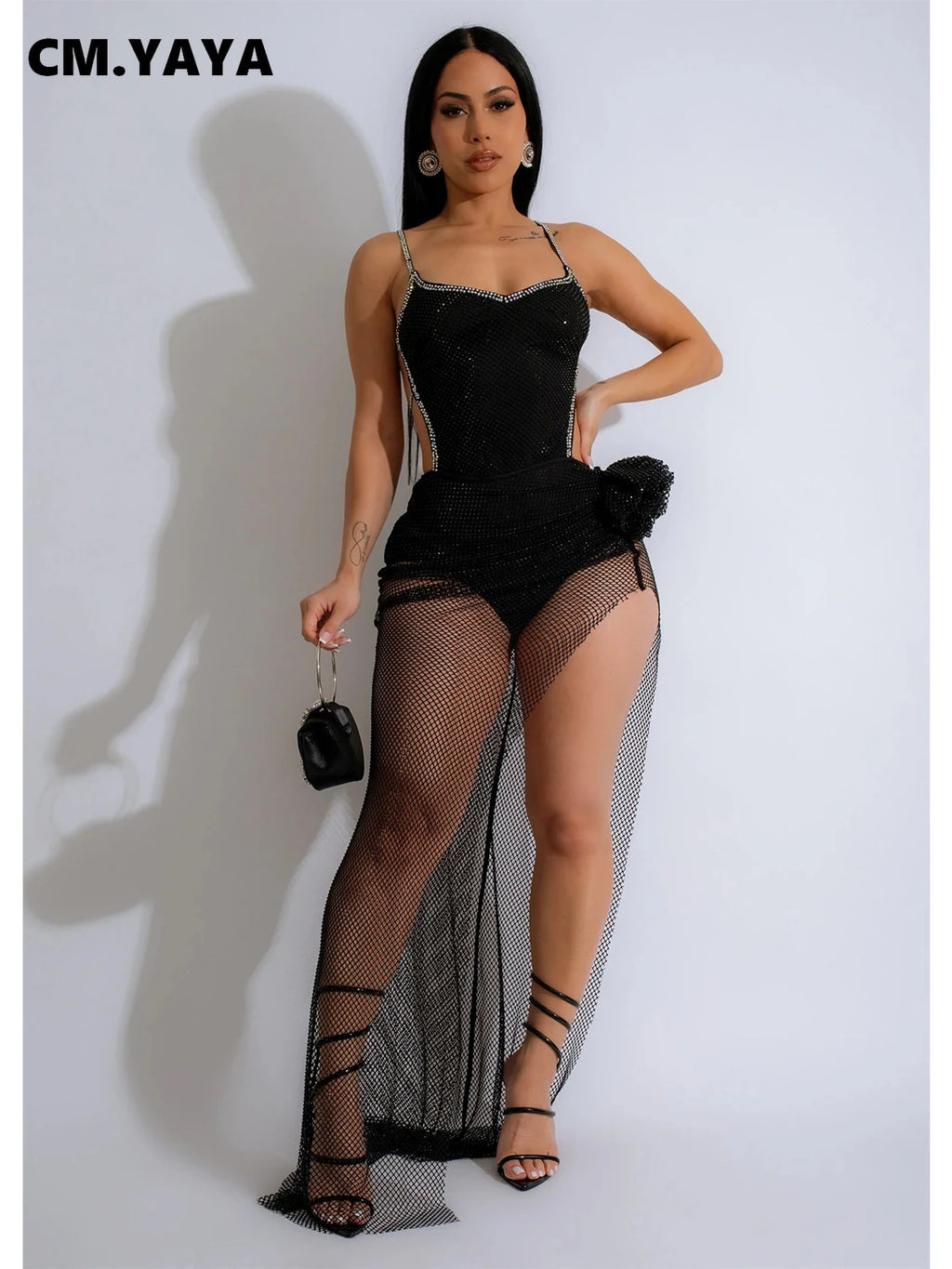 CM.YAYA Women Spaghetti Strap Diamonds Hot Rhinestones High Side Split Mesh Maxi Dress 2024 Sexy Club Even Party Dresses Vestido