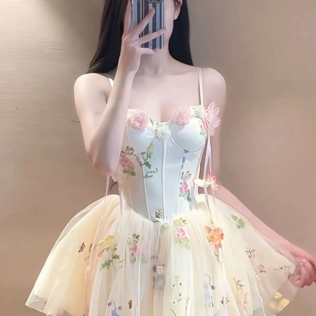 French Sweet Floral Fairy Mini Dress Summer Vacation Elegant Slim Waist Spaghetti Strap Short Dress Women Romantic Chic Outfit