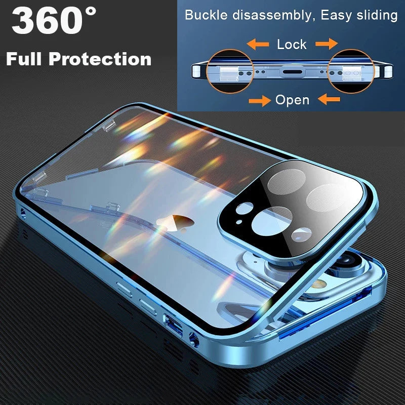 360° Metal Magnetic Double Sided Glass Cover With Lens Protection For IPhone16 14 15 Pro Max For IPhone13 12 11 Double Lock Case
