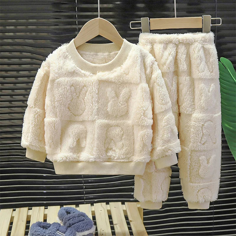 Children Baby Girls Cotton Clothing Sets Autumn Winter Kids Boys Plus Fleece Warm Cartoon Top+Pants 2PCS Outfit Suit 1TO 6 Years