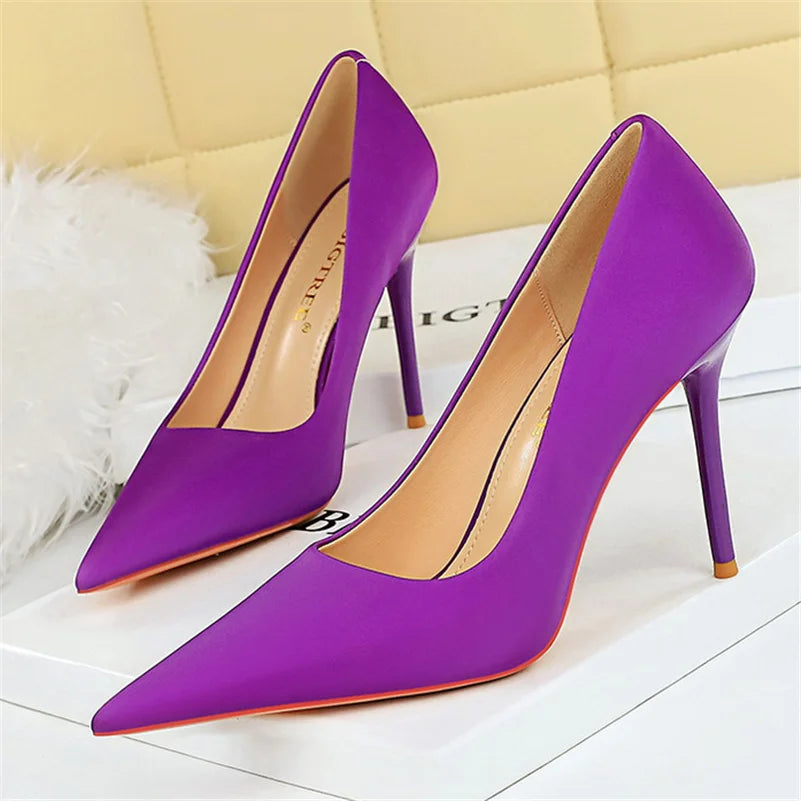 Women 10cm High Heels Satin Silk Dress Stiletto Fashion Pumps Lady Wedding Bridal Escarpin Catwalk Green Purple Peach Prom Shoes