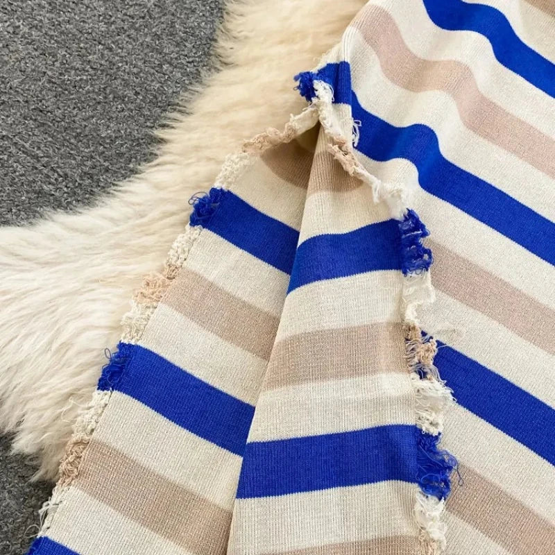 Women's Blue Striped Wide Strap Square Neck Sleeveless Stretchy Sundress Knit Bodycon Midi Dress Tassel ide Slit Summer Dress