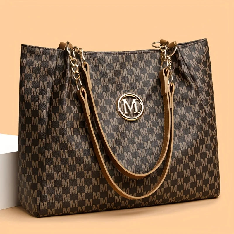Vintage Geometric Tote Bag Synthetic Leather Letter "M" Design for Women Handbag Shoulder Bag Large Capacity Shopping Travel Bag