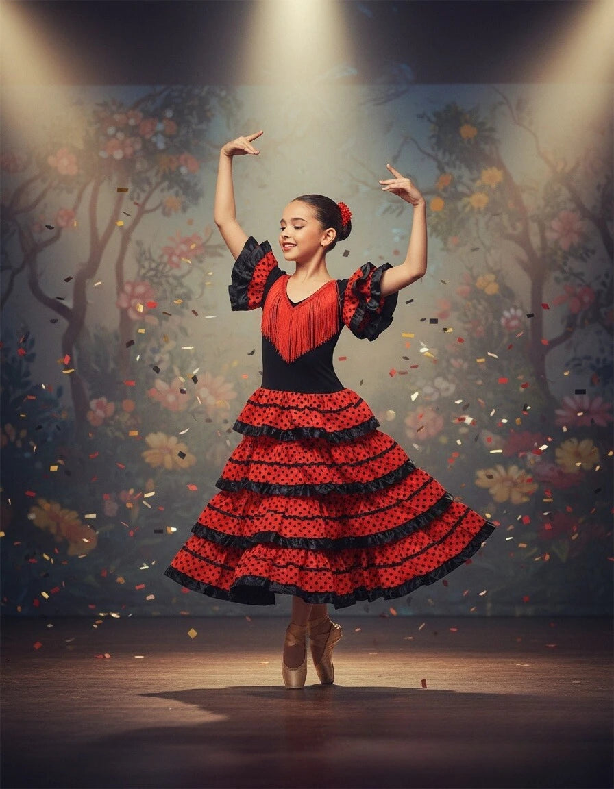 Girls Spanish Flamenco Dress Red Polka Dot Cake Puff Kids Carnival Halloween Party Stage Show Cosplay Festival Dance Costume