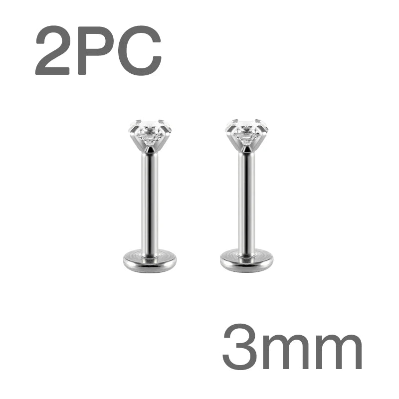 Surgical Steel CZ Flat Back Labret Stud 16G 6mm 8mm Internally Threaded for Cartilage Helix Tragus Lip Hypoallergenic Piercing
