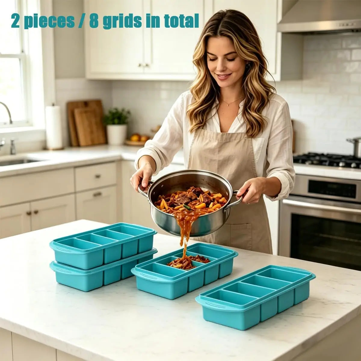 Silicone Freezer Tray with Lid 2 Pack, 1 Cup Large Ice Cube Tray, 8 Portion Soup Freezer Container, Food Freezer Storage & Meal