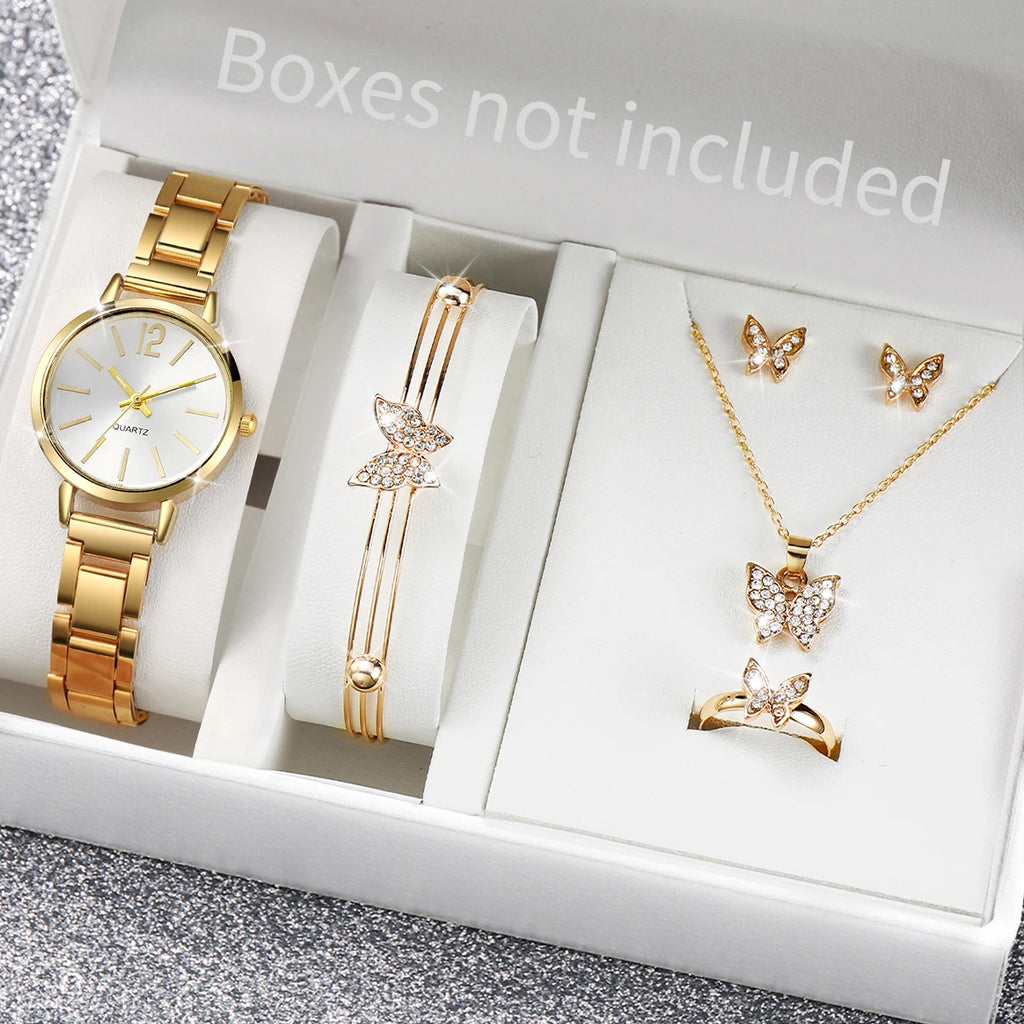 6PCS/Set Fashion Women's Quartz Watch Stainless Steel Band Wrist Watches Diamond Jewelry Set(Without Box)