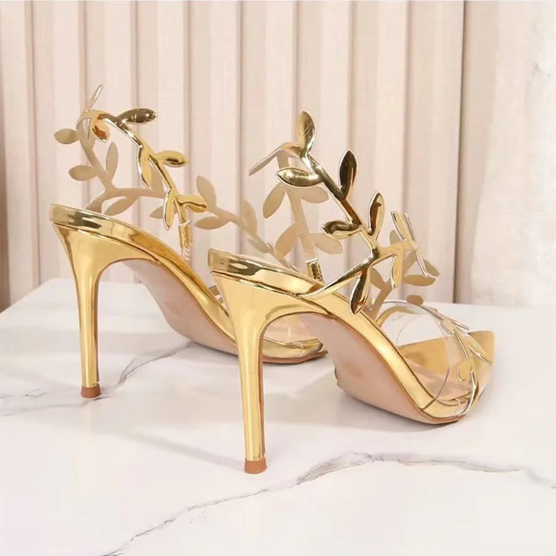 Star Style Summer Fashion Sequined Patent Leather Leaf Women Sandals Elegant Pointed Toe Stiletto High Heels Prom Dresses Shoes