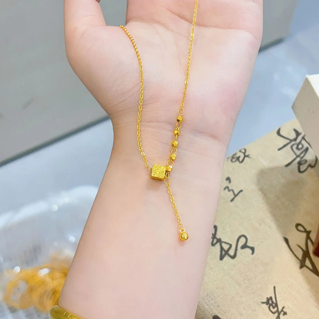 Luxury 24K 9999 Pure Gold real gold Crushed Ice Cube Tassel Pendant INS Fashion Pendant Women's Necklace
