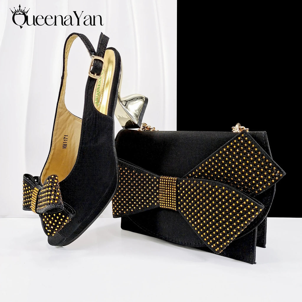 Queena Yan Elegant Women High Heels for Peep Toe Good Material Rhinestone Wine Sandals Italian Design Shoes and Bags Matching