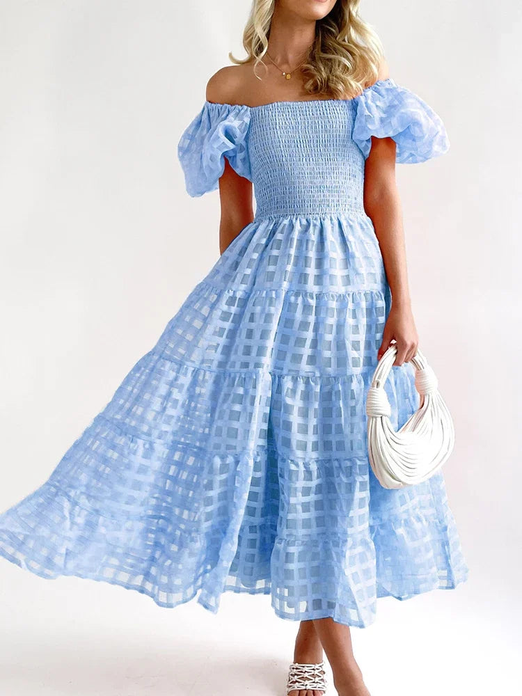 Fashion Party Maxi Dresses Women Holiday 2023 New Solid plaid Pleated A-line Dress Summer Women SHort Puff Sleeve Dress Elegant