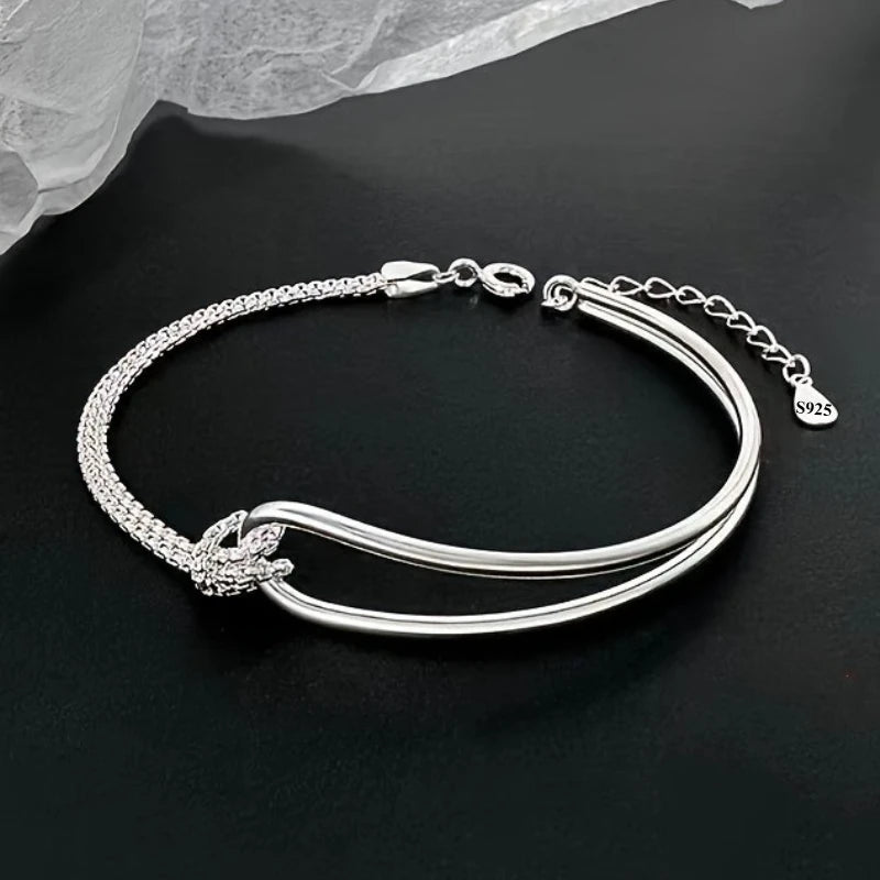 925 Sterling Silver Double Layer Bracelet for Womem Girls Irregular Knot Bangles New Simple Design Fashion Party Jewelry Gifts