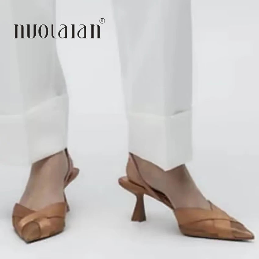 2025 Woman Brown High Heels Women Sandals Summer Fashion Pointed Toe Low-heel Pumps Slingbacks Elegant Female Heeled Shoes