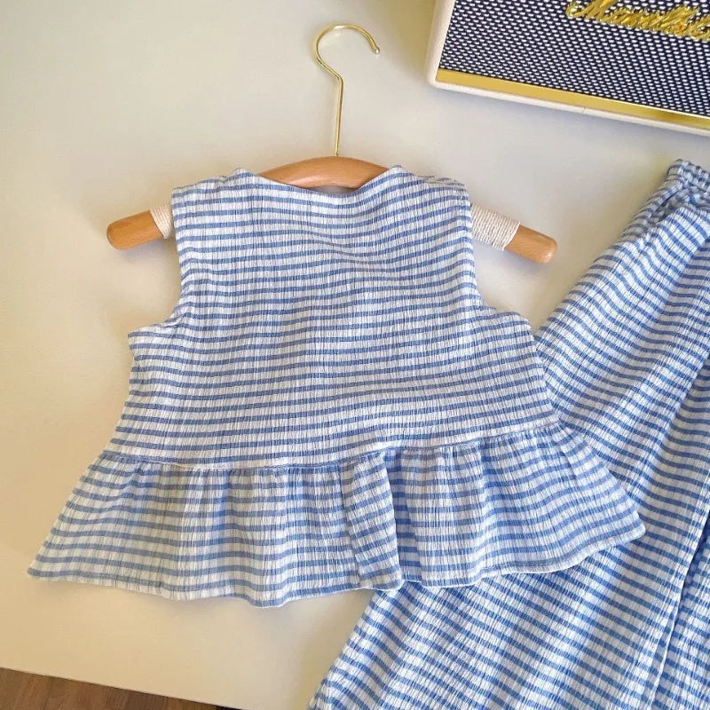 Summer Girls' Clothing Sets Plaid Fashion Version Personalized Top + Long Pants 2Pcs Baby Kids Children Clothes Suit