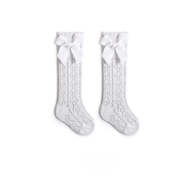 Summer Baby Girls Socks Toddler Bow Long Sock Kids Knee High Soft Cotton Mesh Stocking Spanish Style Hollow Out Lace Socks 0-3Y