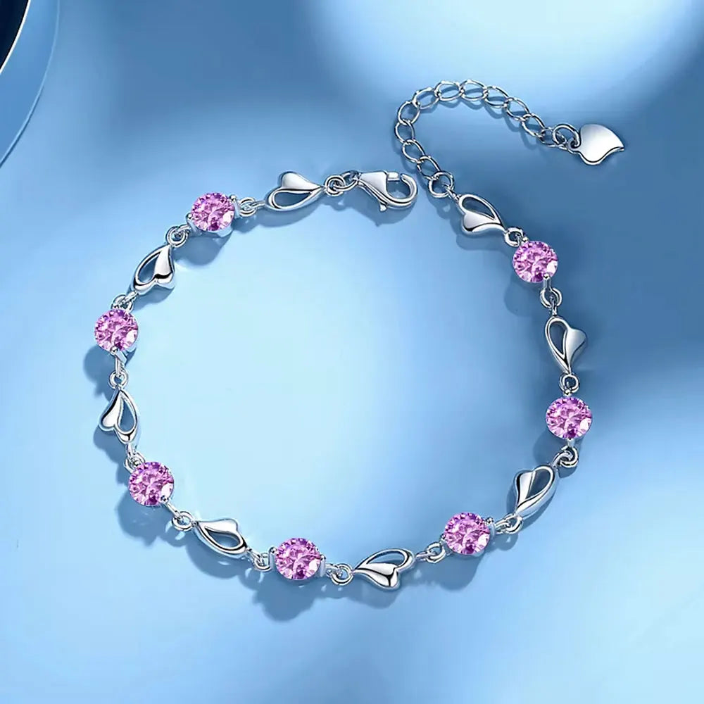 LYEE CYEE 925 Sterling Silver Heart Shaped Bracelet For Women vintage style Pink Moissanite Charm Bracelets Original Party Jewelry