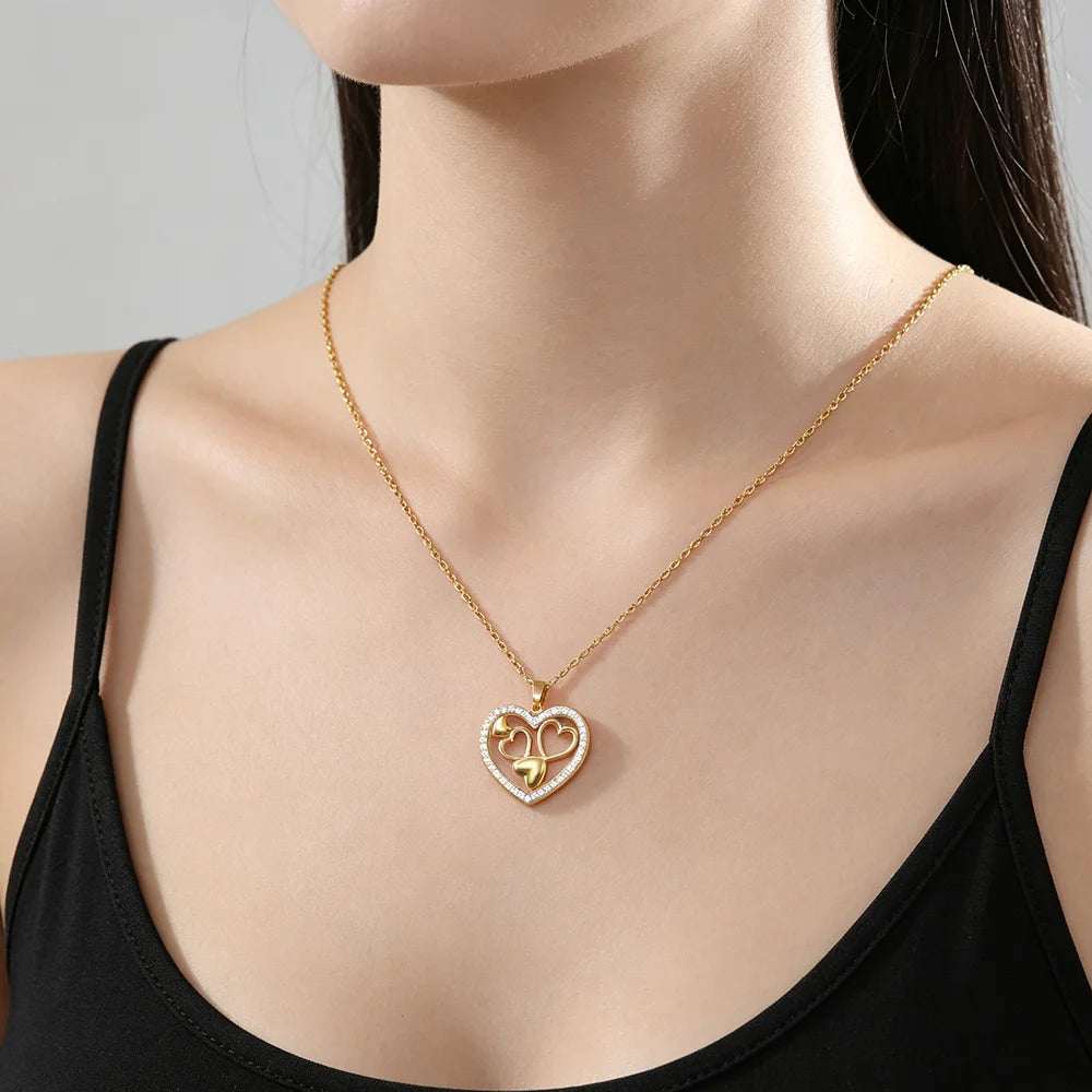 Skyrim Sweet Love Heart Zircon Pendant Necklace Stainless Steel Gold Color Minimalist Choker Fashion Jewelry Birthday Gift