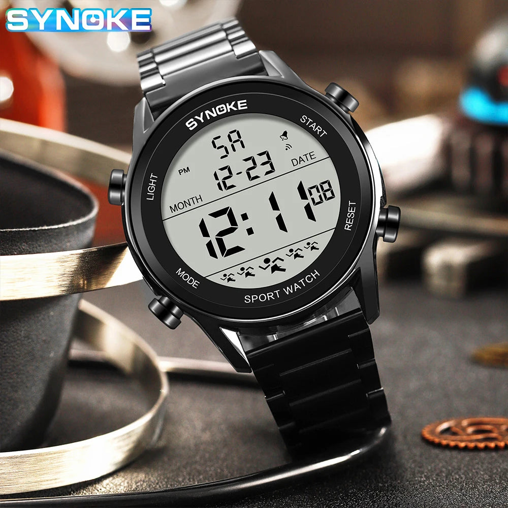 SYNOKE Top Luxury Stainless Steel Strap Sport Watches Mens Waterproof Back Light Digital Wristwatch Male Alarm